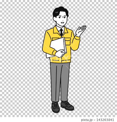 一幅身穿工作服的男子全身像，正在講解。 143263841