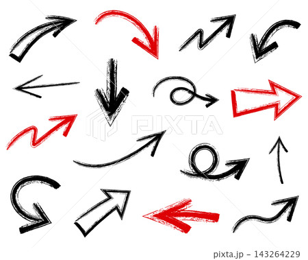 Hand drawn grunge arrows collection with curved, straight, looping and dynamic directional arrow designs in black and red, rough brush texture, isolated elements 143264229