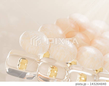 Skin pigmentation anatomy 3d background. Epidermis and dermis layers showing melasma and collagen cells. Anti pigment cream, serum treatment for dark spots. Cosmetic skincare banner. 3D illustration 143264840