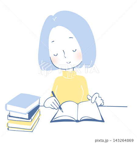 本を積み重ねて勉強する女性のイラスト 本を積み重ねて勉強する女性のイラスト 143264869
