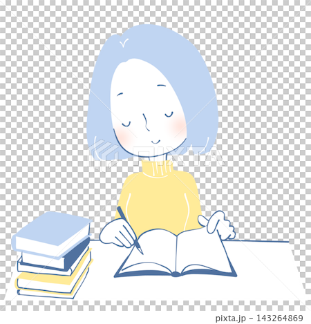 本を積み重ねて勉強する女性のイラスト 本を積み重ねて勉強する女性のイラスト 143264869