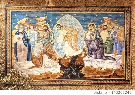 Religious Orthodox Resurrection Fresco Wall Painting In Brasov Romania Religious Orthodox Resurrection Fresco Wall Painting In Brasov Romania 143265249