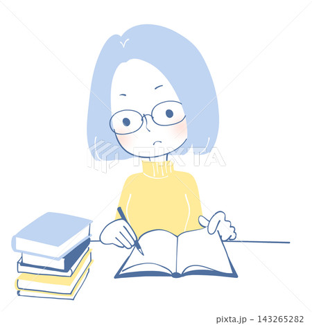 本を積み重ねて勉強する女性のイラスト 143265282