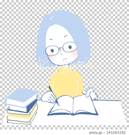 本を積み重ねて勉強する女性のイラスト 143265282