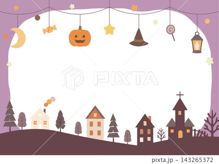 ハロウィンの街並みと吊り飾りを描いたかわいい紫色の背景 ハロウィンの街並みと吊り飾りを描いたかわいい紫色の背景 143265372