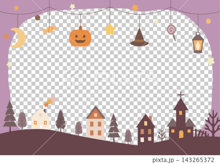 ハロウィンの街並みと吊り飾りを描いたかわいい紫色の背景 ハロウィンの街並みと吊り飾りを描いたかわいい紫色の背景 143265372