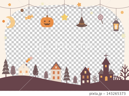 ベージュ背景のかわいいハロウィン街並みと吊り飾り ベージュ背景のかわいいハロウィン街並みと吊り飾り 143265373