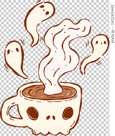 Spooky Cafe Halloween Coffee Skull Mug with Ghosts Steaming Hand drawn 143265442