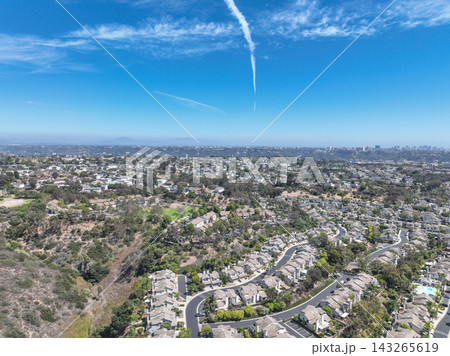 Aerial view of San Diego, Linda Vista neighborhood with houses and street 143265619