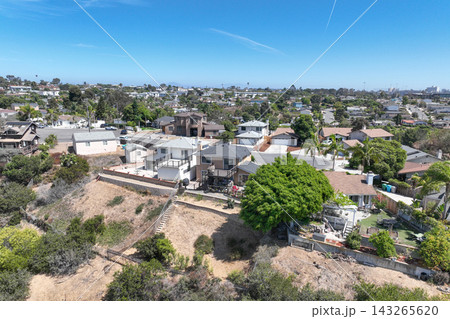 Aerial view of San Diego, Linda Vista neighborhood with houses and street Aerial view of San Diego, Linda Vista neighborhood with houses and street 143265620