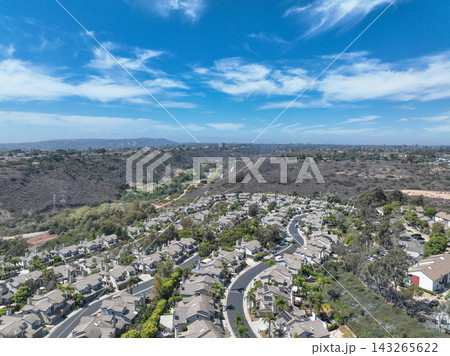 Aerial view of San Diego, Linda Vista neighborhood with houses and street 143265622