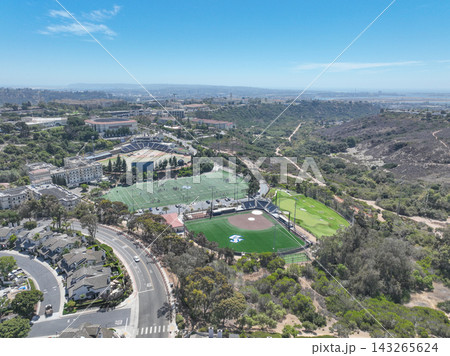 Aerial view of San Diego, Linda Vista neighborhood with houses and street Aerial view of San Diego, Linda Vista neighborhood with houses and street 143265624