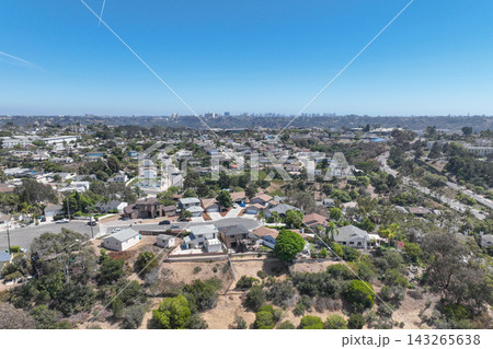 Aerial view of San Diego, Linda Vista neighborhood with houses and street 143265638