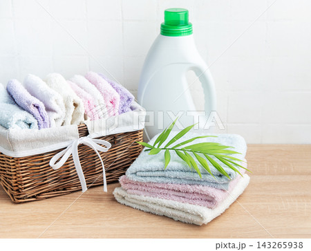 Laundry detergent bottle with fresh clean towels 143265938