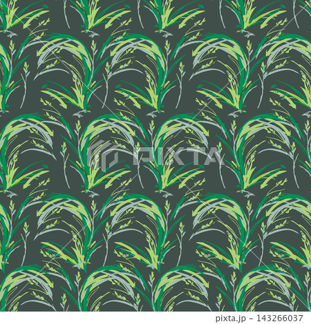 Seamless botanical leaf and grass repeat in layered green, lime, and gray on dark background, forming bold natural texture for wallpaper, fabric, packaging, and surface design. Seamless botanical leaf and grass repeat in layered green, lime, and gray on dark background, forming bold natural texture for wallpaper, fabric, packaging, and surface design. 143266037