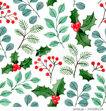 cute Christmas pattern of winter plants. watercolor illustration of red berries and holly. cute Christmas pattern of winter plants. watercolor illustration of red berries and holly. 143266128