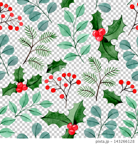 cute Christmas pattern of winter plants. watercolor illustration of red berries and holly. cute Christmas pattern of winter plants. watercolor illustration of red berries and holly. 143266128