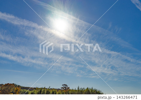 青空に広がる繊細な巻雲とまぶしい太陽 143266471