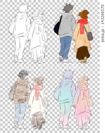 一組四幅手繪插圖,描繪了一對情侶手牽手從背後行走的情景。 一組四幅手繪插圖,描繪了一對情侶手牽手從背後行走的情景。 143266570