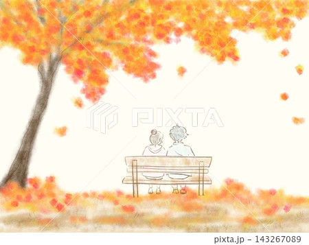 紅葉の木の下でベンチに座るカップルの秋の風景 143267089