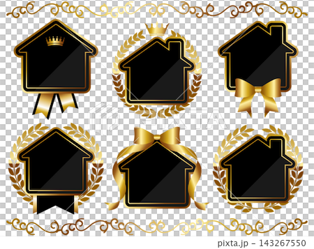 Set of 6 luxurious house-shaped emblem frames in black and gold. Set of 6 luxurious house-shaped emblem frames in black and gold. 143267550