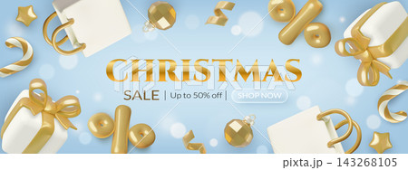 3D Christmas sale banner with gold shopping bag gift box and festive decorations on blue background 143268105