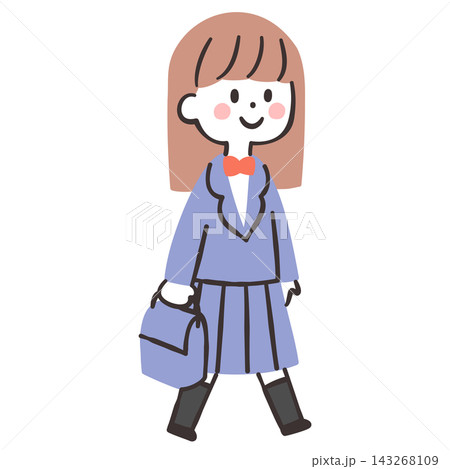 通学バッグを持って歩く制服の女の子の手描きイラスト 143268109