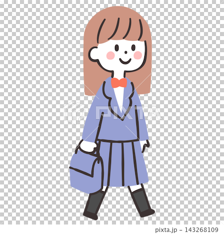 通学バッグを持って歩く制服の女の子の手描きイラスト 143268109
