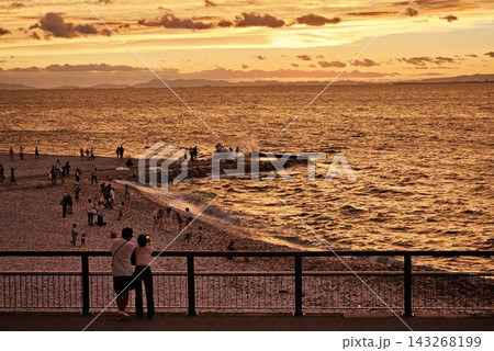 Sunset view over seaside promenade at Rinku Premium Outlets near Kansai International Airport in Izumisano Osaka Japan. 143268199