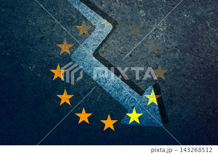 European union stars forming a circle with a downward arrow impacting the last star, illustrating economic crisis, EU recession and financial decline European union stars forming a circle with a downward arrow impacting the last star, illustrating economic crisis, EU recession and financial decline 143268512