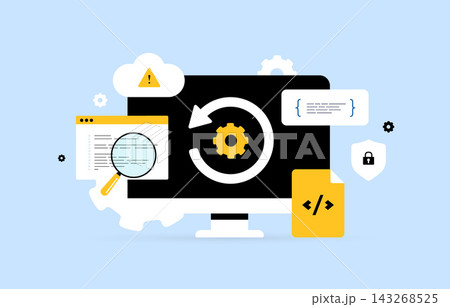 Code security audit for finding vulnerabilities, software risks and code quality issues. Reverse engineering, security review, vulnerability detection and secure development, vector illustration 143268525