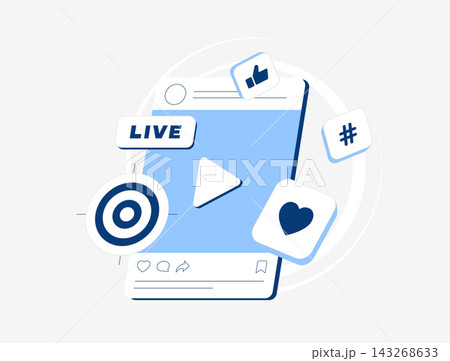 Social media live streaming with video playback, audience reactions and engagement icons. Digital broadcasting for creators, real-time interaction and audience engagement, vector illustration 143268633