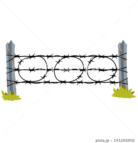 Barbed wire fence posts, stone columns grass loops wire, ranch border icon. Vintage sketch thorny fence isolated, danger warning sign. Barbed wire fence posts 143268950