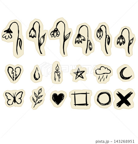 Tattoo doodle set, wilted flowers broken heart candle, black sketch icons beige. Gothic mood symbols collection, simple line art signs. Tattoo doodle set sheet Tattoo doodle set, wilted flowers broken heart candle, black sketch icons beige. Gothic mood symbols collection, simple line art signs. Tattoo doodle set sheet 143268951
