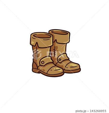 Leather boots pair, hand drawn brown adventurer shoes cuffs, rpg gear icon. Fantasy game equipment cartoon art, medieval traveler footwear. Leather boots pair trek emblem 143268955