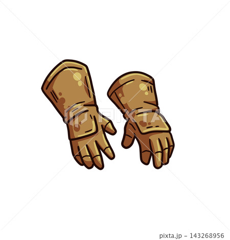 Leather gloves pair, hand drawn brown gauntlets cuffs, rpg gear icon. Fantasy game equipment cartoon art, medieval adventurer hands. Leather gloves pair grip mark Leather gloves pair, hand drawn brown gauntlets cuffs, rpg gear icon. Fantasy game equipment cartoon art, medieval adventurer hands. Leather gloves pair grip mark 143268956