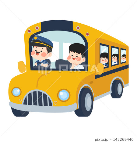 Yellow School Bus with Driver and Happy Children Students for Education Yellow School Bus with Driver and Happy Children Students for Education 143269440