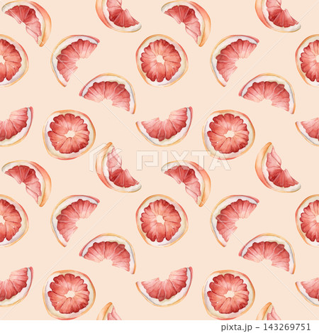 Grapefruit citrus fruit seamless pattern. Watercolor hand drawn floral food illustration isolated on beige background for summer design home kitchen textile cute print table cloth porcelain crockery Grapefruit citrus fruit seamless pattern. Watercolor hand drawn floral food illustration isolated on beige background for summer design home kitchen textile cute print table cloth porcelain crockery 143269751
