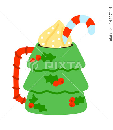 Christmas Hot Drink Mug With Whipped Cream And Candy Cane Cartoon Christmas Hot Drink Mug With Whipped Cream And Candy Cane Cartoon 143271144