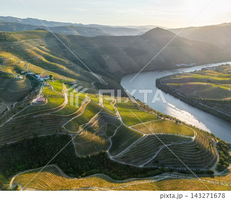 Aerial sunset view of the Douro River curving past terraced vineyards and a riverside estate in the Portuguese Douro Valley. 143271678
