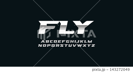 Fly chrome vector font. Metallic modern letters, polished steel style symbols. Aluminium bold geometric alphabet 143272049