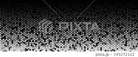 Hexagon halftone field dense left, fade right. Honeycomb mosaic tech vibe. Topics technology data. Use background banner UI cover print. Monochrome minimal geometric BG. Vector illustration Hexagon halftone field dense left, fade right. Honeycomb mosaic tech vibe. Topics technology data. Use background banner UI cover print. Monochrome minimal geometric BG. Vector illustration 143272122