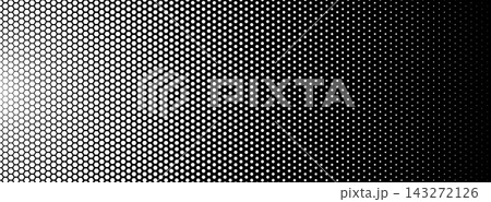 Hexagon halftone field dense left, fade right. Honeycomb mosaic tech vibe. Topics technology data. Use background banner UI cover print. Monochrome minimal geometric BG. Vector illustration Hexagon halftone field dense left, fade right. Honeycomb mosaic tech vibe. Topics technology data. Use background banner UI cover print. Monochrome minimal geometric BG. Vector illustration 143272126