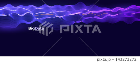 Big Data Flow Glowing Waves On Blue Background. Wavy Lines BG Abstract AI Neural Network Digital Communication Concept. Futuristic Tech Design. Vector Illustration 143272272