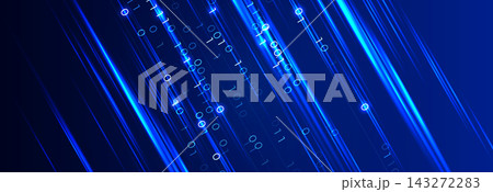 Glowing meteor shower of binary code for tech startups, innovation and tech AI implementation conference BG, digital transformation background, zeros and ones on blue background. Vector illustration 143272283