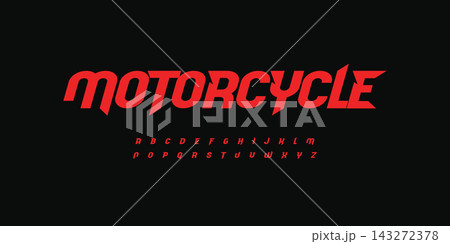 Motorcycle victory bold font, red Italic speed alphabet with bevel inside letters. Dynamic headline and superhero logo. Type for sport, race, gym, car, automotive, shirts, game. Vector typography 143272378
