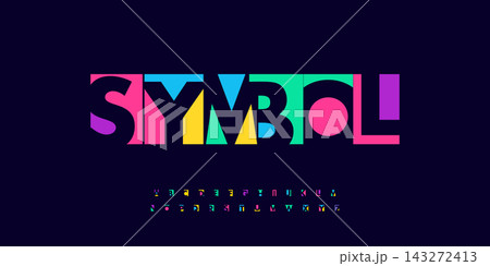 Symbol festival colorful alphabet, art colored letters, joyful funny font for bright geometric logo, Mexican or Indian fest headline, birthday greeting card, school project design. Vector typographic. 143272413