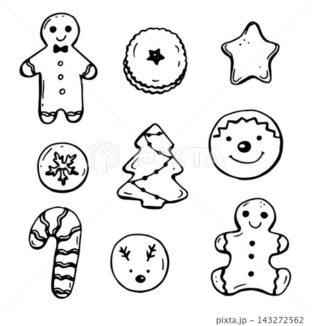 Christmas Gingerbread cookies collection in doodle style 143272562
