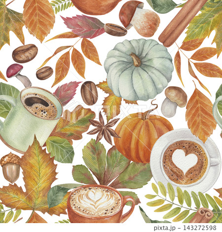 Autumn watercolor seamless pattern with bun, coffee, autumn leaves, pastries Autumn watercolor seamless pattern with bun, coffee, autumn leaves, pastries 143272598