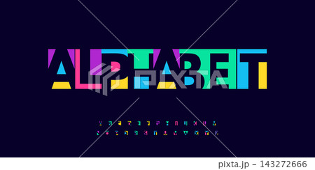 Alphabet festival colorful alphabet, art colored letters, joyful funny font for bright geometric logo, Mexican or Indian fest headline, birthday greeting card, school project vector design.  143272666